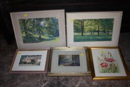 A COLLECTION OF FIVE ASSORTED FRAMED AND GLAZED WATERCOLOURS TO INCLUDE A TWO WOODED LANDSCAPES BY F