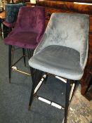 A HARLEQUIN PAIR OF MODERN GREY AND PURPLE UPHOLSTERED BAR STOOLS (2)