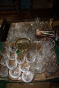 TWO TRAYS OF GLASSWARE TO INCLUDE CUT GLASS DRINKING GLASSES ETC.