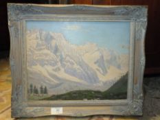 A FRAMED OIL ON BOARD DEPICTING AN ALPINE SCENE INITIALLED AC DATED 1937