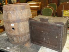 A VINTAGE SMALL OAK BOUND BARREL H-52 CM TOGETHER WITH A VINTAGE WOODEN BOX (2)