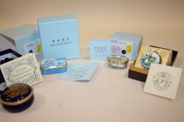 TWO BOXED HALCYON DAYS ENAMEL BOXES WITH CERTIFICATES TOGETHER WITH A BOXED KINGSLEY ENAMEL AND A