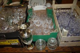 THREE TRAYS OF ASSORTED GLASSWARE TO INCLUDE WEBB AND CORBET CRYSTAL, CLARET JUG ETC.