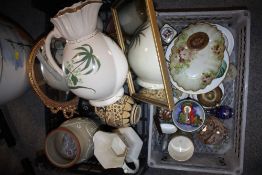TWO TRAYS OF ASSORTED CERAMICS TO INCLUDE A LARGE JUG, TRINKET BOXES ETC.
