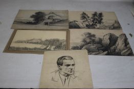 A FOLDER OF ORIGINAL PENCIL SKETCHES AND PEN & INK DRAWINGS to include three with 