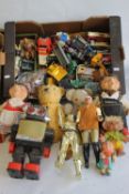 TWO BOXES OF MIXED TOYS TO INCLUDE: playworn diecast by Corgi, Dinky etc. plastic farmyard