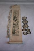 A CHINESE SILK WALL HANGING/SCROLL and a small group of embroidered silk rank patches/badges.