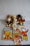 A RUPERT BEAR AND OTHER VINTAGE SOFT TOYS and a small quantity of Rupert Annuals