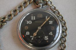 A JAEGER LE COULTRE GSTP MILITARY POCKET WATCH, black open face and military markings to the back