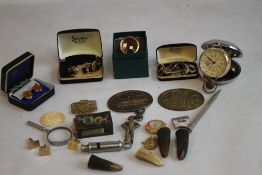 A BOX OF COLLECTABLES, to include cuff links a Dalvey clock, Acme whistle etc