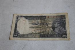 INDIA, GEORGE VI 10 RUPEE NOTE SIGNED TAYLOR, usual spindle hole