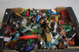 A BOX OF PLAYWORN DIECAST VEHICLES to include Corgi, Matchbox, Lledo etc.