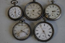 FIVE ANTIQUE SILVER OPEN FACE POCKET WATCHES
