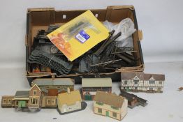 A BOX OF 00 GAUGE SCENERY, to include large bag of buildings, track, bridge etc.