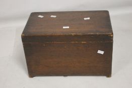 A VINTAGE WOODEN SEWING BOX AND CONTENTS, and a hip flask with fitted plated cup