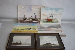 JAN CLUTTORBUCK, WATERCOLOUR OF A HARBOUR SCENE, along with two framed J.S Moody watercolours of