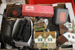 A BOX CONTAINING NINE RAILWAY TRANSFORMER UNITS, a quantity of O and OO gauge track, a quantity of