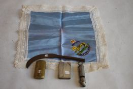 A TRENCH ART CIGARETTE LIGHTER & LETTER OPENER, along with an ARP whistle etc.