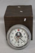 A VINTAGE RUSSIAN SUBMARINE BULKHEAD CLOCK GREY PAINTED ALLOY CASE, in a fitted wooden storage box