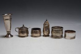 A COLLECTORS LOT OF HALLMARKED SILVER, consisting of a three piece cruet - Birmingham 1935, two