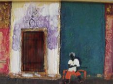 LINY AUEFF (XXI). Continental school, modernist street scene with seated figure before door,