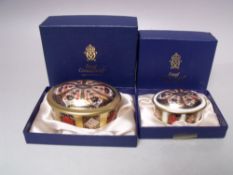 TWO ROYAL CROWN DERBY OVAL LIDDED TRINKET POTS, Imari pattern 1128, largest W 7.5 cm, both boxed (
