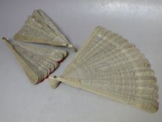 THREE ANTIQUE CARVED BONE / IVORY BRISE FANS FOR RESTORATION, longest L 18 cm (3)