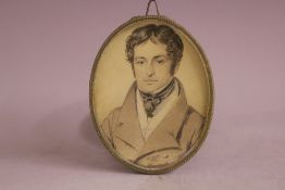 W. WAITE. Oval portrait miniature study of a young man, signed and dated 1829 lower middle, monotone