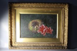 (XIX-XX). Still life study of flowers and a birds nest with eggs, indistinctly signed lower right,