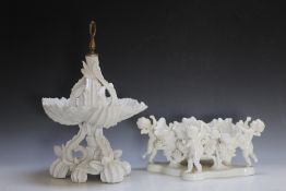 A MOORE BROTHERS TABLE COMPORT FEATURING CHERUBS AND HOPS DESIGN, A/F, W 38 cm, together with a