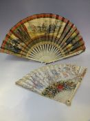 AN ANTIQUE CARVED BONE / IVORY FOLDING FAN, with hand painted Oriental figural scene and
