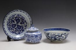 THREE PIECES OF ORIENTAL TYPE BLUE AND WHITE CHINA, consisting of a Chinese dragon bowl, a/f, a