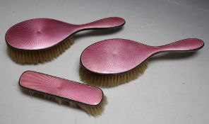 A HALLMARKED SILVER AND PINK GUILLOCHE ENAMEL DRESSING TABLE SET - BIRMINGHAM 1927, L 23 cm