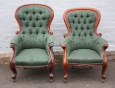 A PAIR OF 19TH CENTURY MAHOGANY FRAMED GENTLEMANS ARMCHAIRS, with dark green button backed
