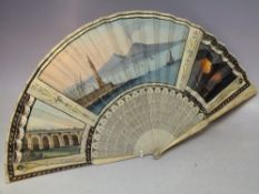 AN ANTIQUE CARVED BONE / IVORY HAND PAINTED FOLDING FAN, with Italian scenic decoration, L 26 cm