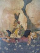 (XX). A study of young girl lying in a meadow surrounded by fairies, unsigned, mixed media on paper,