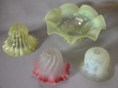 FOUR ASSORTED VINTAGE GLASS LAMP SHADES, of varying form and colour, to include two opaque glass