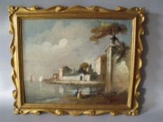 (XIX-XX). Continental school, coastal scene with figures, unsigned, oil on board, framed, 19 x 24