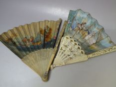 TWO ANTIQUE BONE / IVORY HANDPAINTED FOLDING FAN FOR RESTORATION, longest L 27 cm (2)