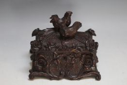 A BLACK FOREST CASKET ADORNED WITH CHICKENS, W 16 cm
