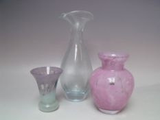 A SWEDISH ART GLASS PINK MOTTLED GLASS VASE, with original SKRUF label, together with a decanter -