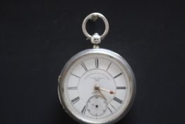 A HALLMARKED OPEN FACED MANUAL WIND POCKET WATCH, enamel dial stamped 'railway manufacturer - Thomas
