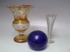 A BOHEMIAN AMBER FLASH CUT VASE WITH FRUIT AND TRAILING VINE DECORATION, H 16.5 cm, together with