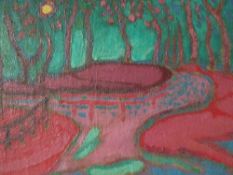 (XX). Moonlit wooded river landscape, indistinctly signed upper left, oil on board, framed, 42 x