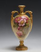 A ROYAL WORCESTER ROSES TWIN HANDLED VASE, signed Sedgley, H 24 cmCondition Report:wear to gilding