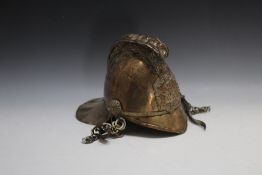 A VINTAGE BRASS FIREMAN'S MERRYWEATHER TYPE HELMET, A/F, H 22 CM