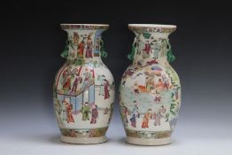 A PAIR OF GOOD SIZED CHINESE BALUSTER VASES, with pastoral village and paddy field scene and applied
