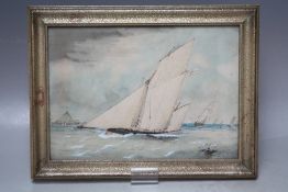 J. CARTER (XVIII-XIX). Stormy coastal scene with sailing vessels, signed and dated 1884 lower right,