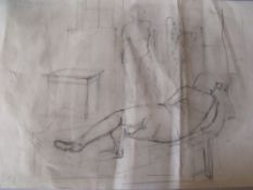 CIRCLE OF LUCIAN FREUD (b. 1922). An artist's studio with reclining figure, statue and skeleton,