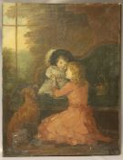 (XIX). Interior scene with two young children and dog, unsigned, oil on canvas, unframed, 91 x 71